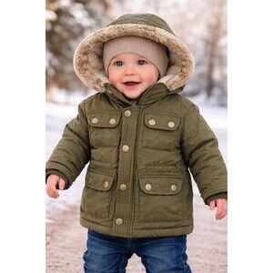 Carter Baby Toddler Winter Jacket Olive Green Hooded Coat Faux Fur Lined Warm 18